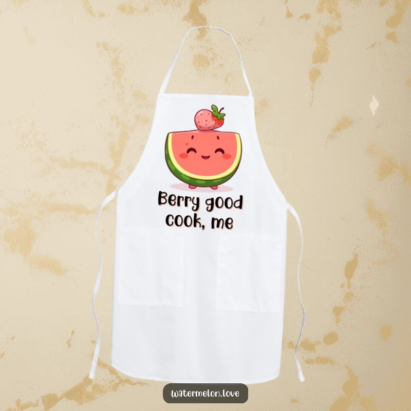 Happy watermelon slice apron skillfully balancing a tiny, smiling berry on its head, ready to bring sweetness and smiles to the kitchen.