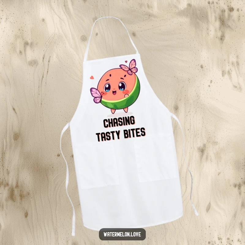 Funny apron illustrating a kawaii watermelon slice with excited eyes chasing a butterfly, ideal for kitchen fun.