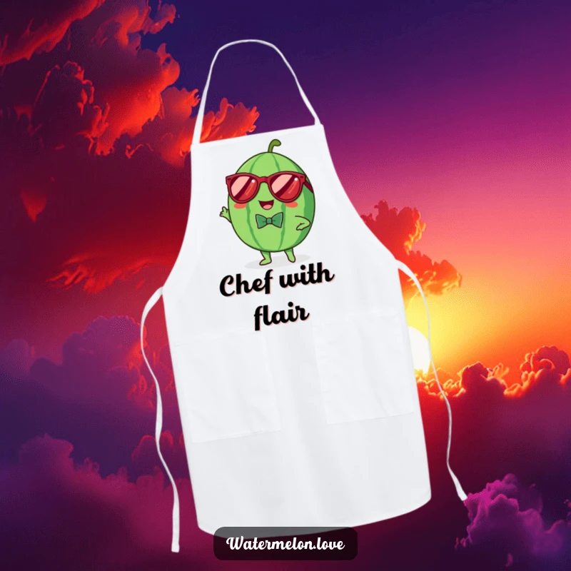 Funny apron with a cheerful Kawaii watermelon in sunglasses and a bowtie, striking a pose, adding dapper humor to kitchen wear.