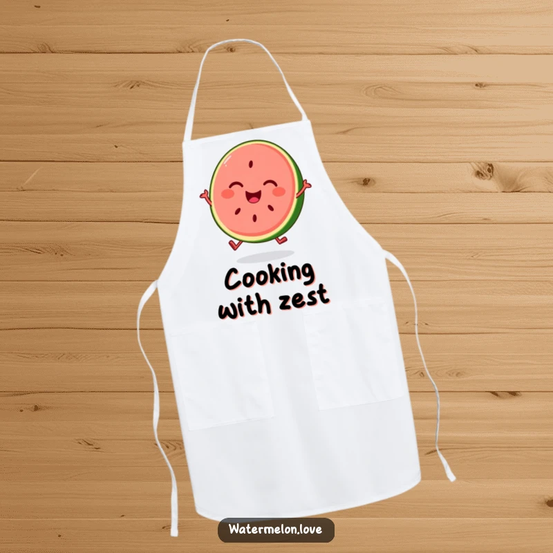 Kitchen apron featuring a funny, smiling watermelon slice character bouncing with pure joy, ready for kitchen fun.