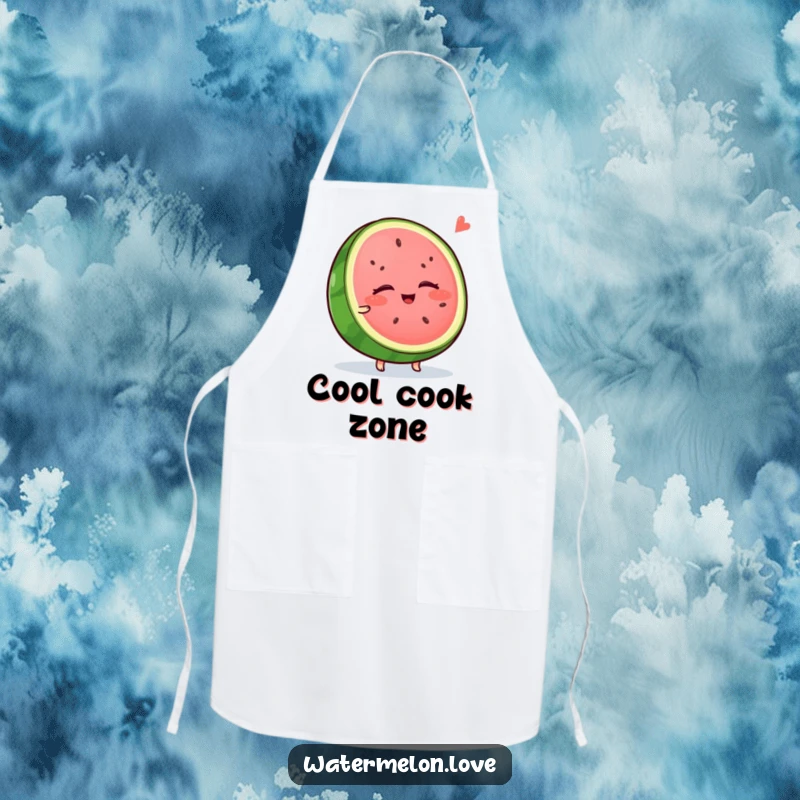 Funny watermelon apron, a wobbly anthropomorphic slice with closed eyes, enjoying a cool breeze, perfect for a relaxed cooking experience.