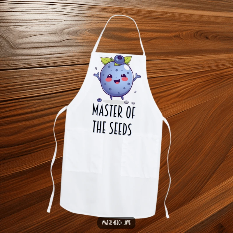 Funny apron showcasing a joyful anthropomorphic blueberry juggling seeds, bringing a fun and fruity vibe to kitchen activities.
