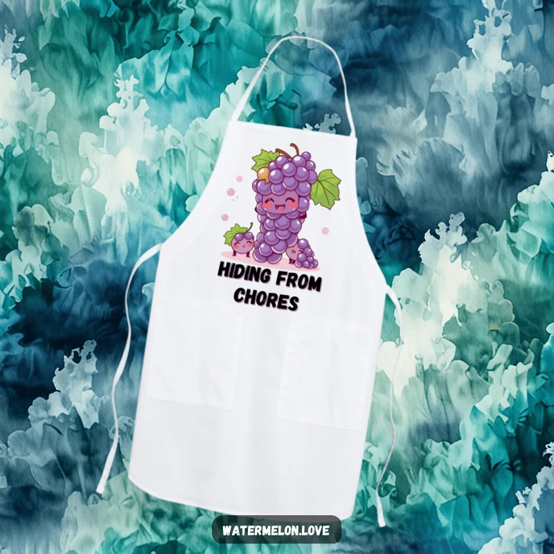 Funny apron featuring a giggling bunch of grapes playing hide-and-seek, adding playful charm to cooking.