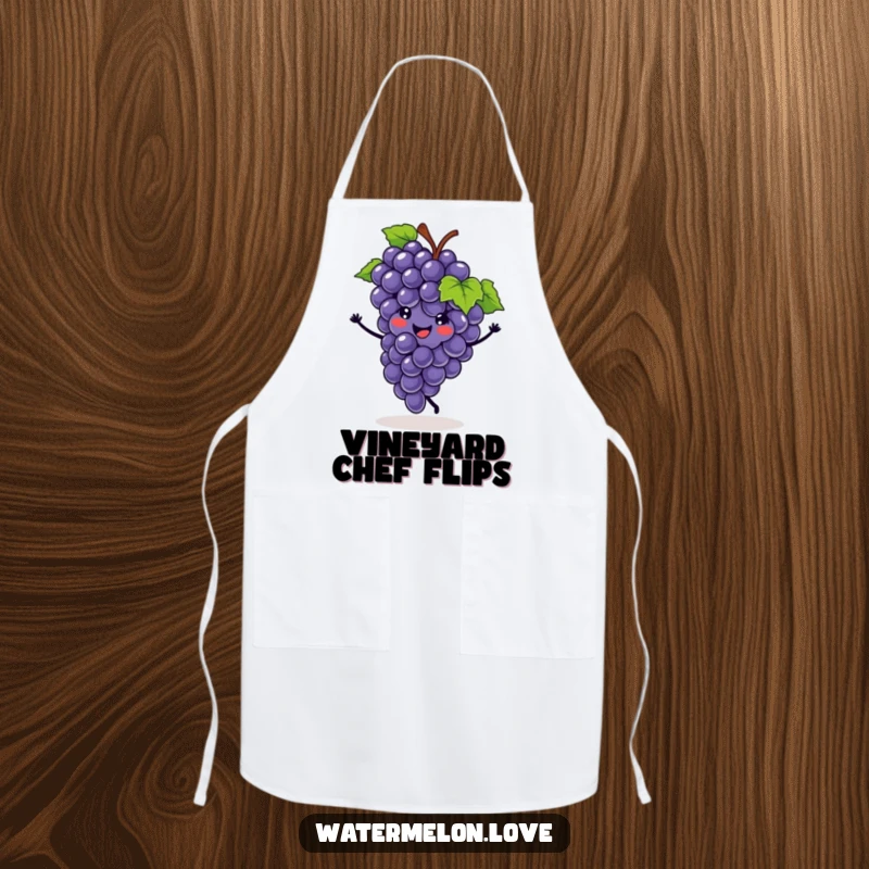 Funny apron with a smiling grape cluster doing a cartwheel, designed for fruit lovers who enjoy humor and a healthy lifestyle.