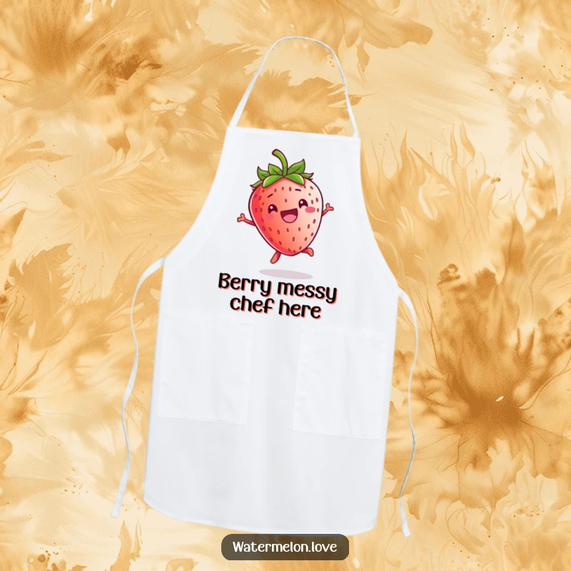 Funny Kawaii Strawberry Apron: A cute strawberry character mid-jump, ready to protect your clothes with a smile while you cook.