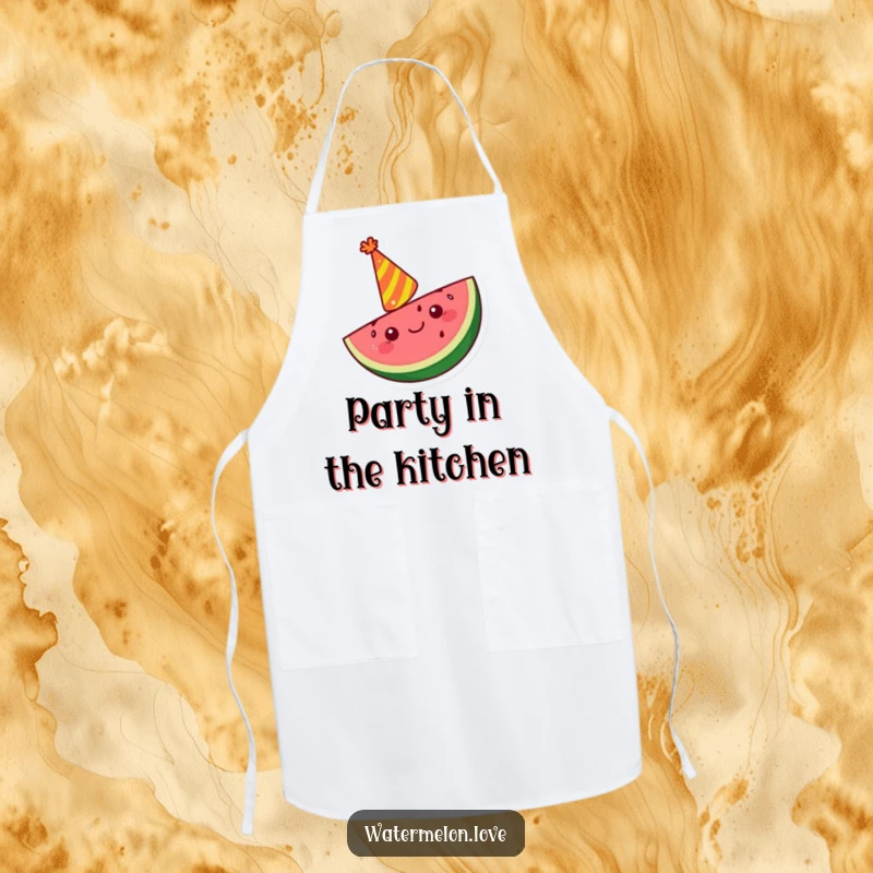 Funny Kawaii watermelon slice apron with a party hat, cheering cheerfully, a humorous kitchen accessory.