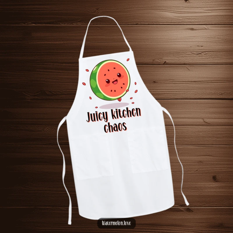 Funny apron with a round Kawaii watermelon character performing a cartwheel, seeds flying, adding a touch of athletic humor to kitchen wear.