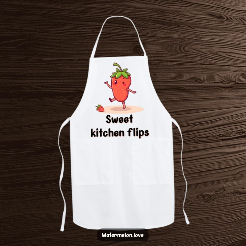 Funny strawberry apron, kitchen essential with anthropomorphic fruit character doing a cartwheel, humorous and practical accessory.