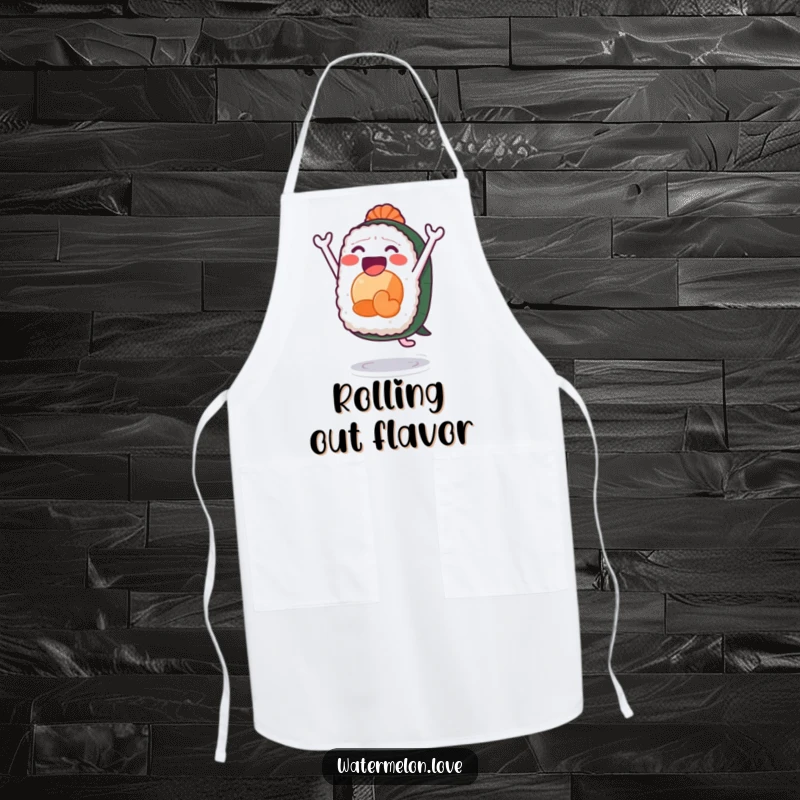 Funny sushi apron, kitchen wear with anthropomorphic sushi leaping playfully, humorous and practical cooking accessory.