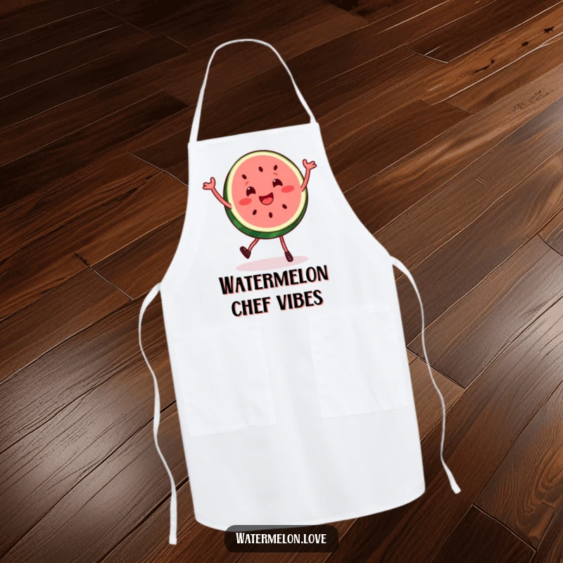 Funny watermelon slice apron depicted in a joyful, bouncy dance, ready to add a splash of humor and fun to any culinary creation.