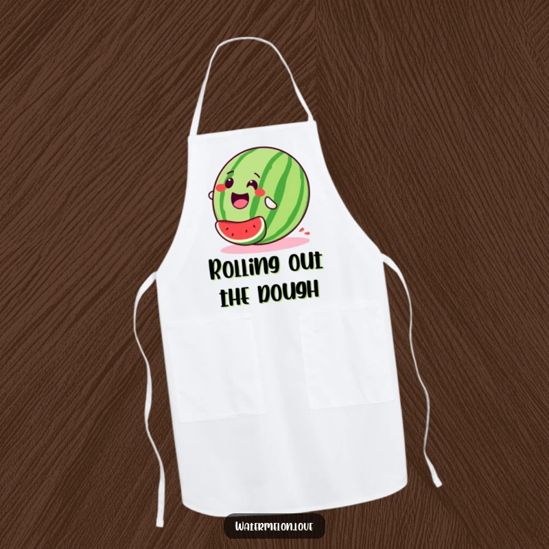 Stylized, happy watermelon apron depicted in a joyful downhill roll with pure glee, ready to add excitement to any culinary creation.