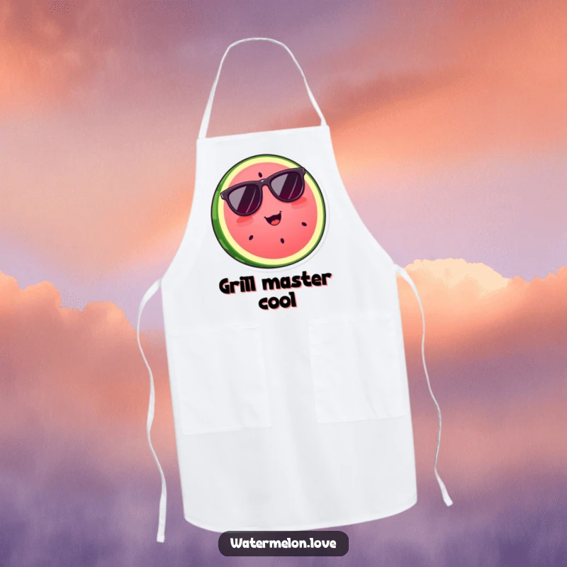 Funny watermelon slice wearing cool sunglasses, featured on a kitchen apron, a stylish and humorous gift.