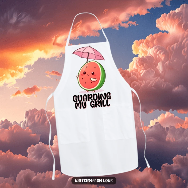 Funny Kawaii Watermelon Apron, cute fruit character comically balancing a tiny umbrella, cheerful and functional funny gift.