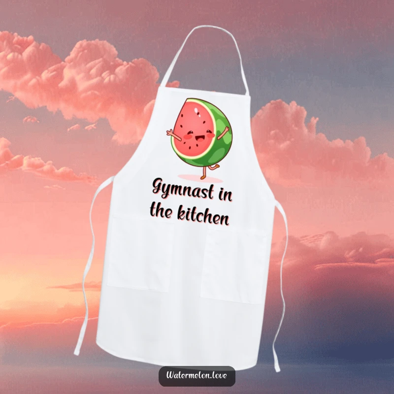 Funny watermelon cartwheel apron, a cheerful fruit wedge performing a cartwheel while cooking, adding humor to the kitchen.