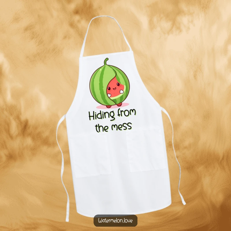 Cute watermelon character apron peeking from behind a large, inviting leaf, adding a touch of playful sweetness to kitchen duties.