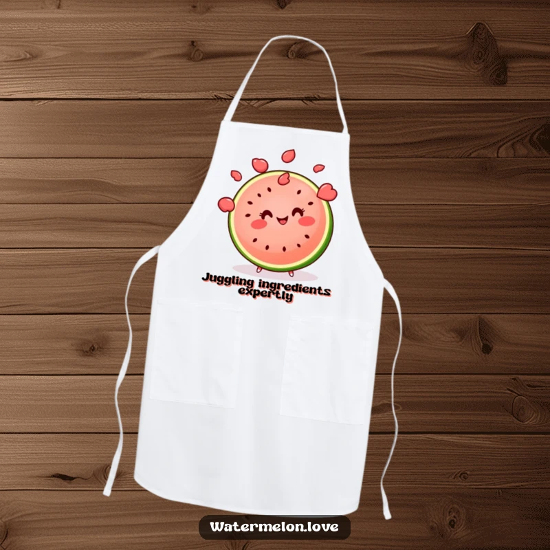 Funny kawaii watermelon slice juggling multiple seeds with a smile, a humorous apron for skilled cooks.