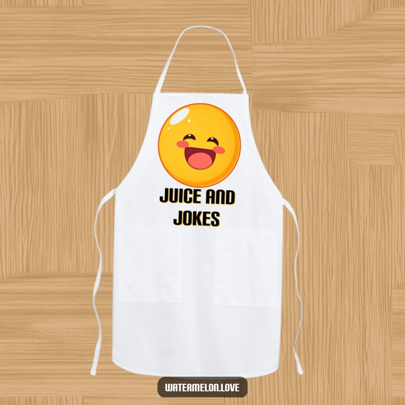 Funny rolling orange apron, a round fruit character laughing heartily, perfect for the kitchen.