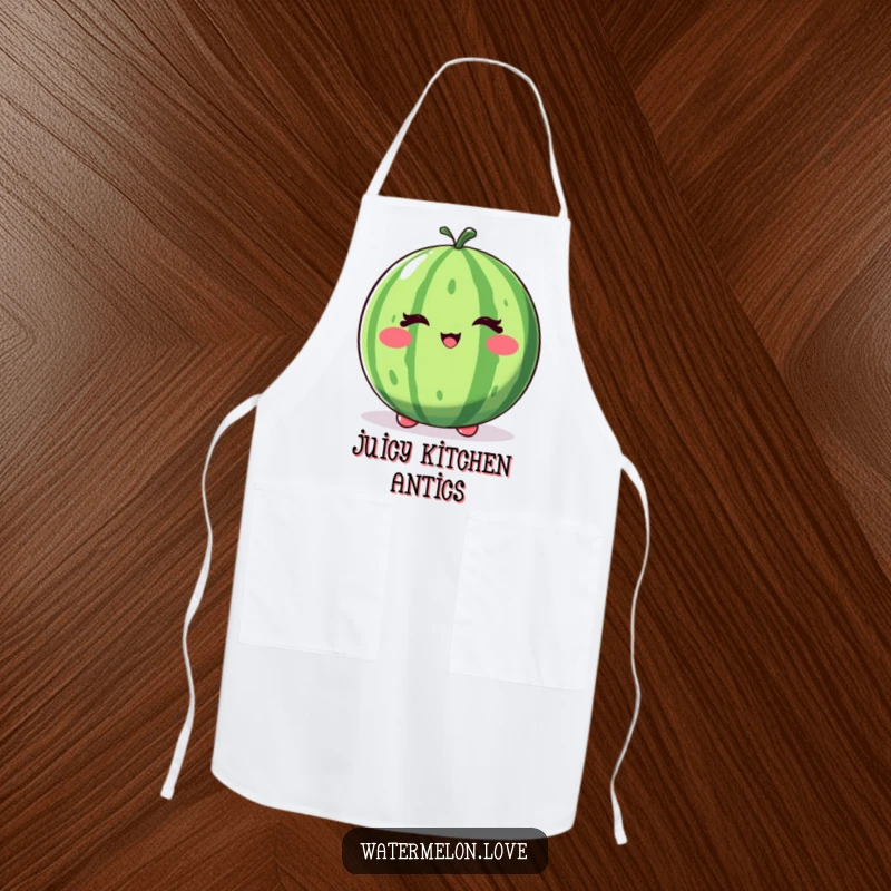 Funny winking watermelon apron, a whole fruit character with a playful wink and bounce, ideal for the kitchen.