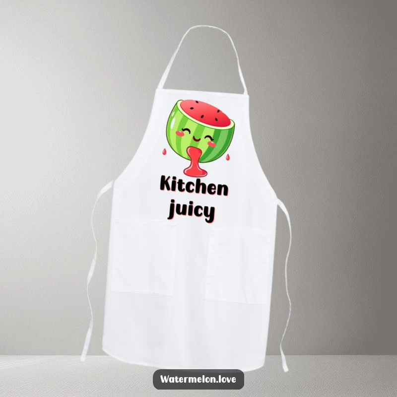Funny stylized, smiling watermelon dripping happy juice drops, featured on a cute kitchen apron.