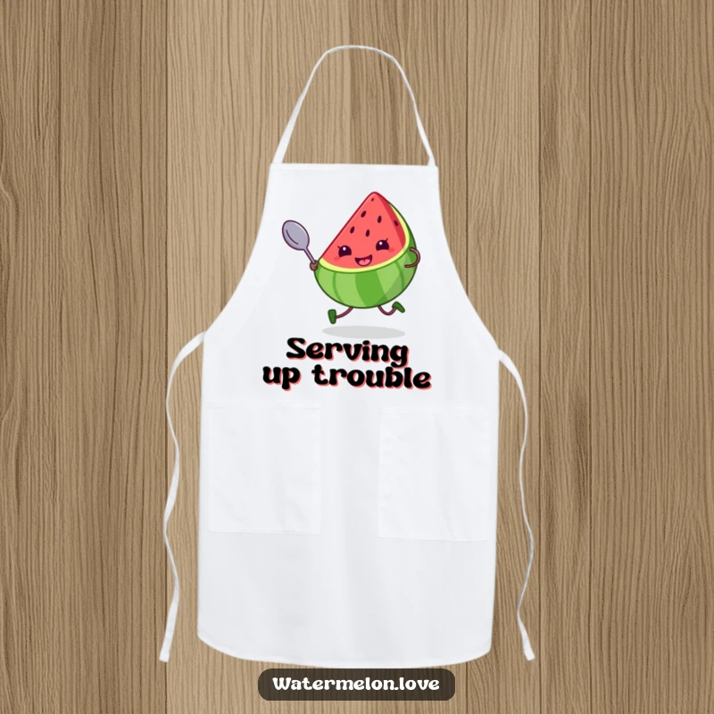 Funny apron depicting a kawaii watermelon slice with a cheeky grin, running with a giant spoon, perfect for a humorous cooking experience.
