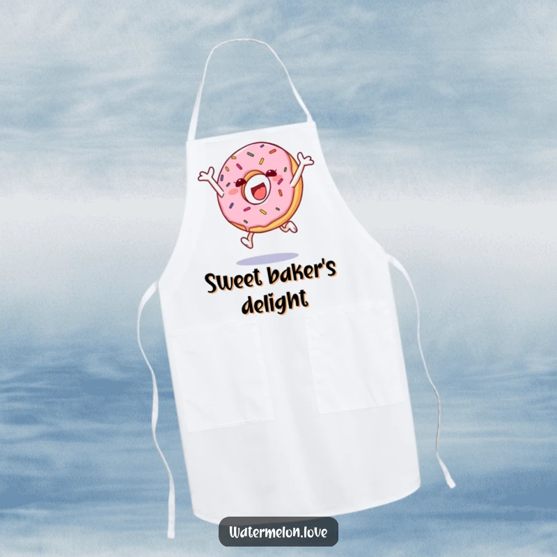 Funny apron with a leaping anthropomorphic donut with sprinkles, perfect for baking and kitchen fun.