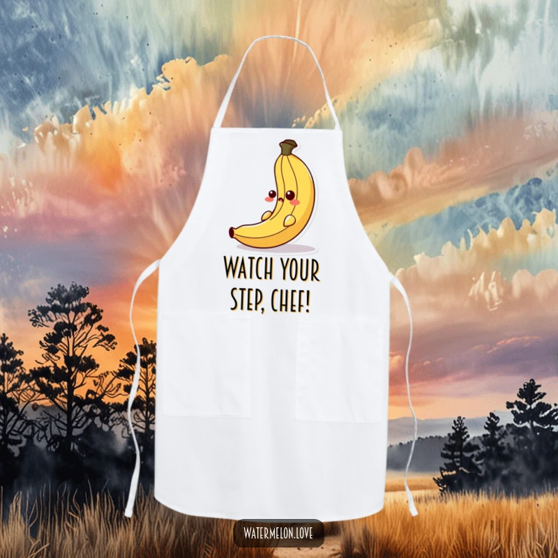 Funny apron featuring an anthropomorphic banana peel caught in a comical slip, bringing hilarious slapstick to any culinary adventure.