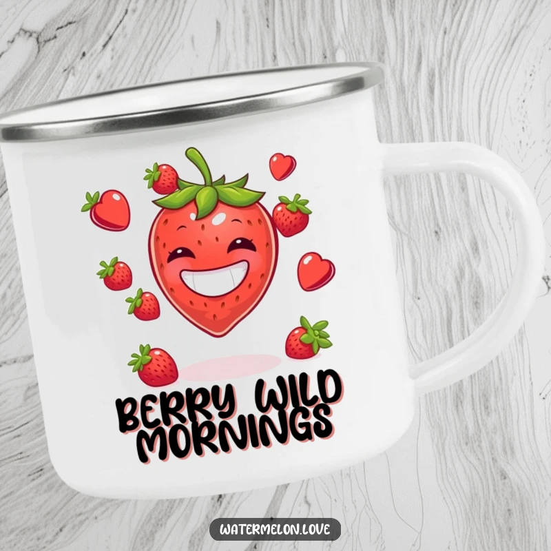 Funny camping mug showing a happy strawberry juggling berries, ideal for outdoor adventures and a good chuckle.