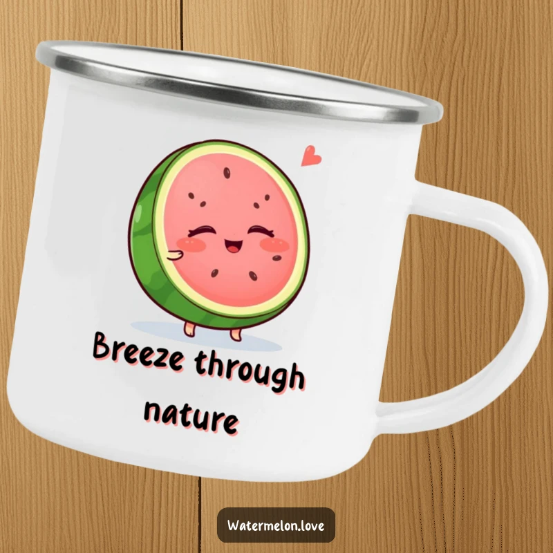 Funny watermelon camping mug, a wobbly slice with closed eyes, peacefully enjoying a cool breeze, perfect for outdoor relaxation.