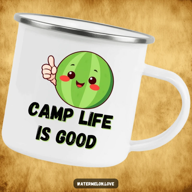 Funny watermelon character with green rind giving a happy thumbs-up, on a durable camping mug, a humorous outdoor gift.