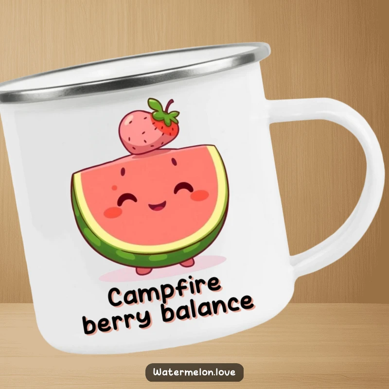 Happy watermelon slice camping mug balancing a tiny, smiling berry on its head, ready for adventures and sharing sweet moments.
