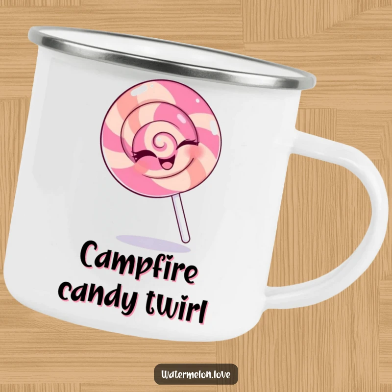 Funny camping mug featuring a winking anthropomorphic lollipop spinning happily, adding a sweet and cheerful element to outdoor drinks.