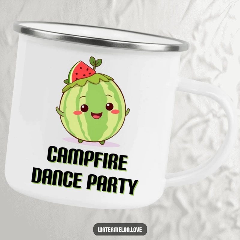 Funny Kawaii whole watermelon camping mug, with a grinning leafy crown character doing a playful shimmy, for outdoor enjoyment.