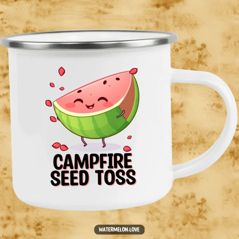 Funny watermelon camping mug, featuring a smiling slice juggling seeds with tiny legs, perfect for outdoor fun.