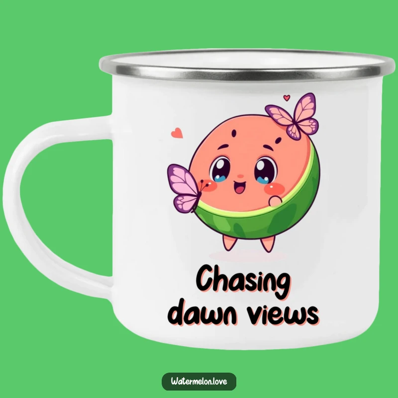 Funny Kawaii Watermelon Butterfly Chase Camping Mug: Whimsical Fun, Outdoor Gift