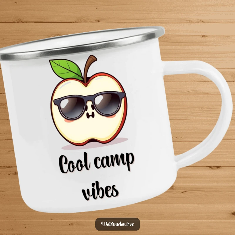Funny Apple Slice Camping Mug with sunglasses, ideal for outdoor adventures and humorous, cool gifts.