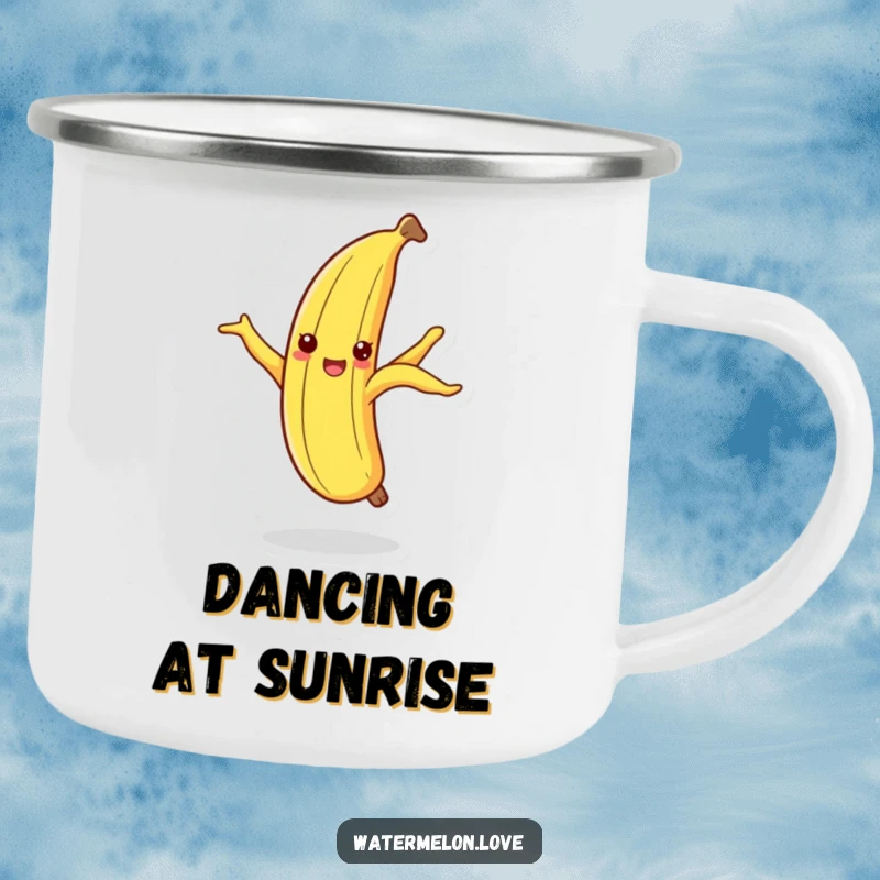 Funny dancing banana peel camping mug, a durable cup featuring a cheerful fruit peel in a silly dance.