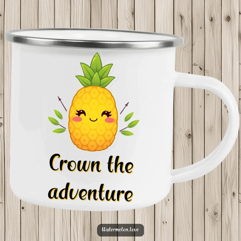 Funny Pineapple Camping Mug with a tiny leafy crown, ideal for outdoor adventures and humorous gifts.