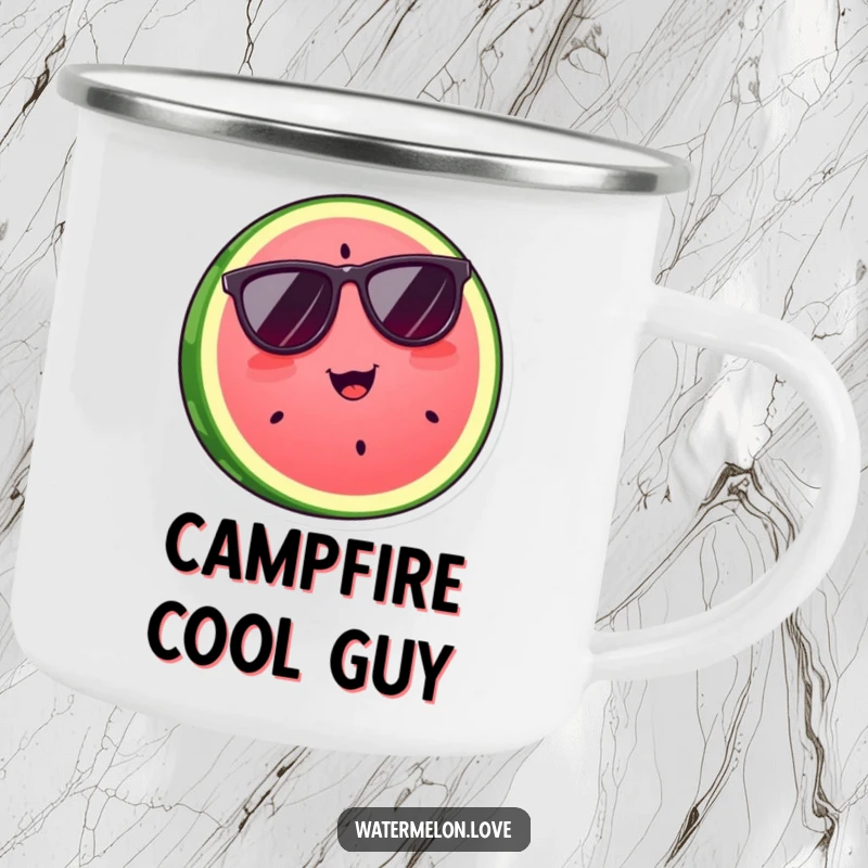 Funny watermelon slice wearing sunglasses, looking cool on a durable camping mug, a humorous outdoor gift.
