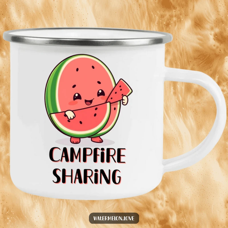Funny camping mug with a smiling watermelon character offering a slice to another fruit, ideal for outdoor groups who value sharing.