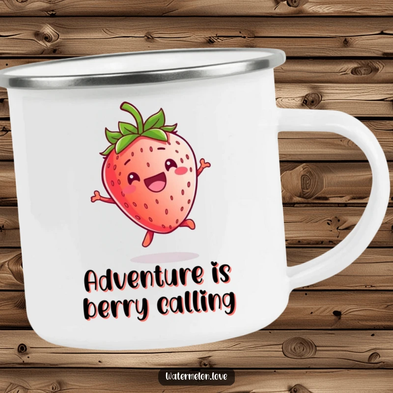 Funny Kawaii Strawberry Camping Mug: A grinning strawberry character jumping playfully, ideal for outdoor fun and laughter.