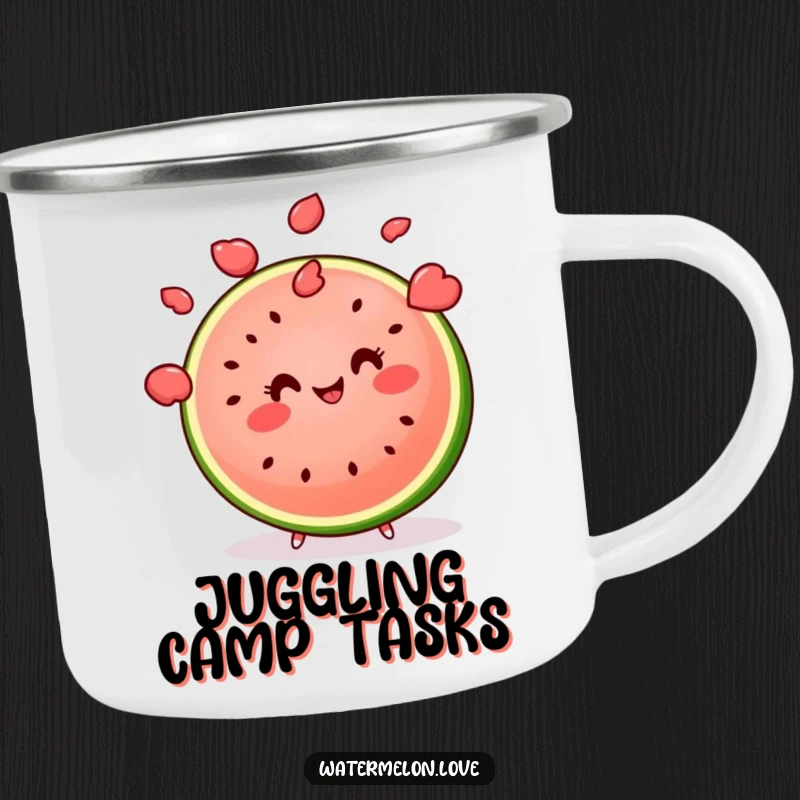 Funny kawaii watermelon slice juggling multiple seeds with a smile, a humorous and sturdy camping mug.