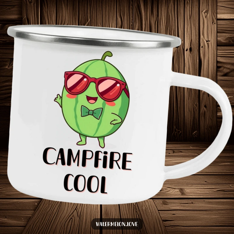 Funny camping mug with a cheerful Kawaii watermelon wearing sunglasses and a bowtie, striking a pose, perfect for stylish outdoor sipping.