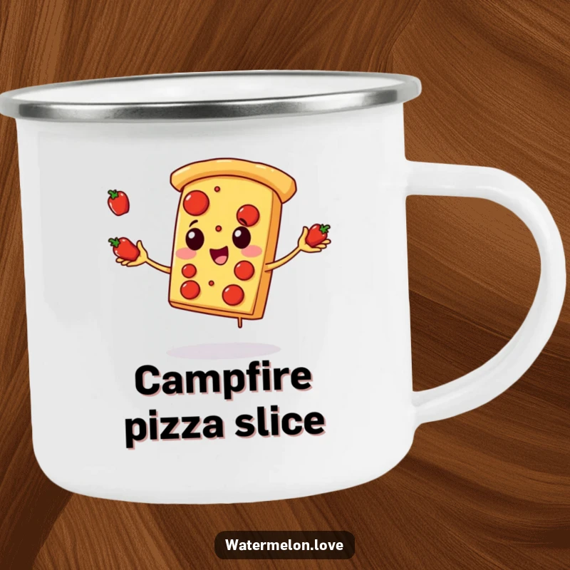 Funny pizza camping mug, enamel cup with anthropomorphic pizza slice juggling pepperoni joyfully, rugged and humorous drinkware.