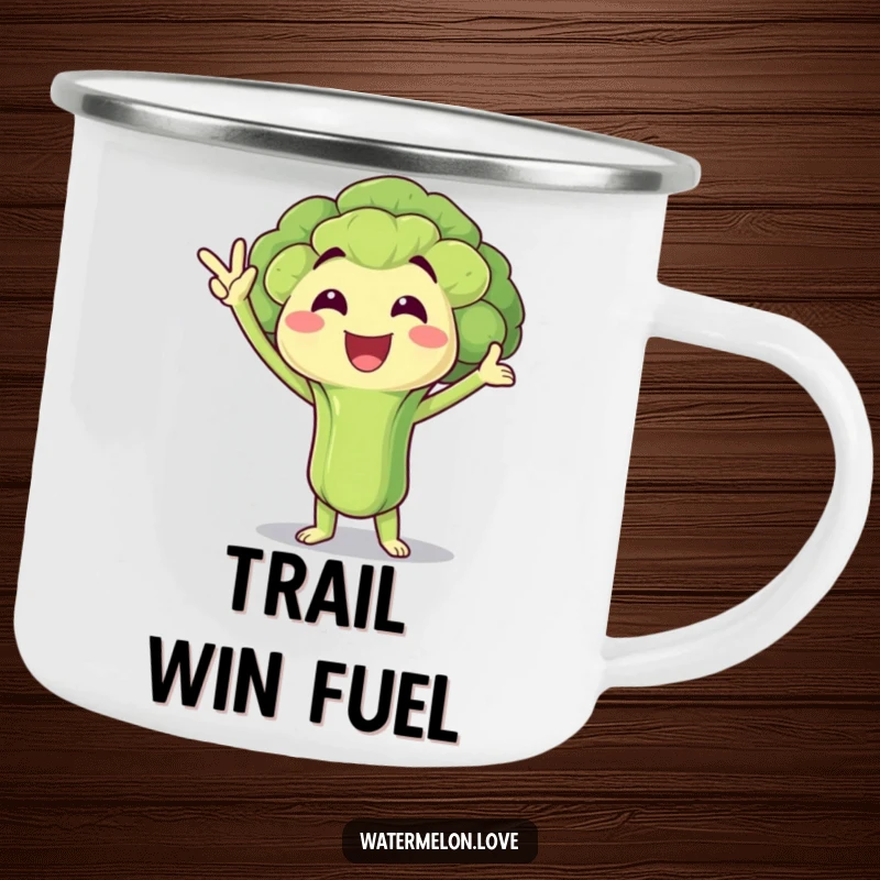 Funny Camping Mug: Broccoli floret in victory pose, durable design for adventurous champions, a fun funny gift.