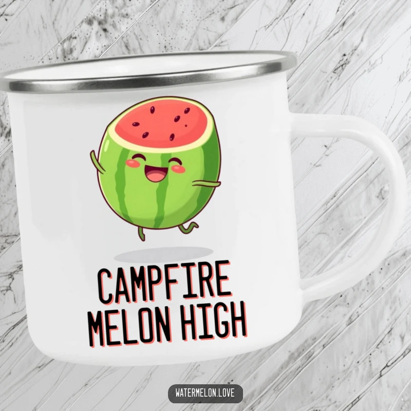 Funny watermelon camping mug, enamel cup with anthropomorphic fruit character bouncing joyfully, rugged and humorous drinkware.