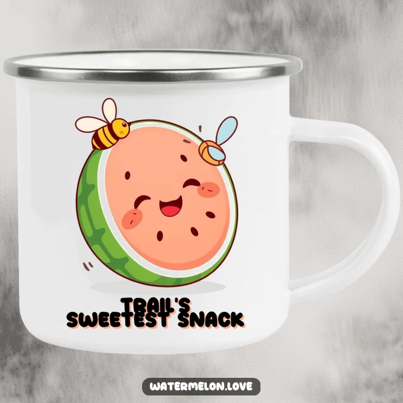 Funny camping mug illustrated with a giggling segmented watermelon slice playfully pursuing a flying bee, perfect for outdoor amusement.