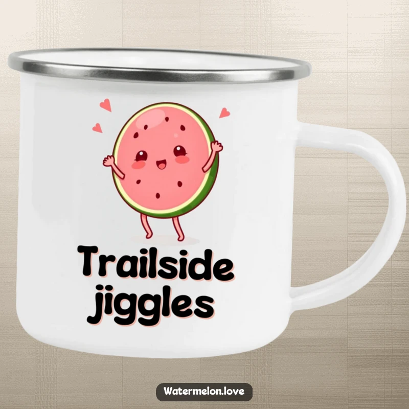 Funny camping mug with a watermelon slice character in a joyful dance, perfect for outdoor enthusiasts who love a good laugh.