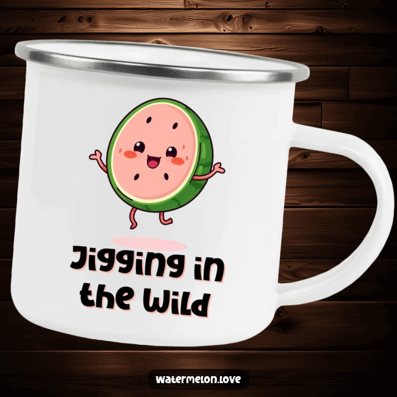 Funny kawaii watermelon slice with legs doing a happy jig, a humorous and sturdy camping mug.