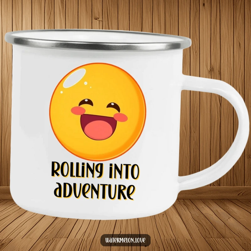 Funny rolling orange camping mug, a durable cup featuring a round fruit rolling with infectious laughter.