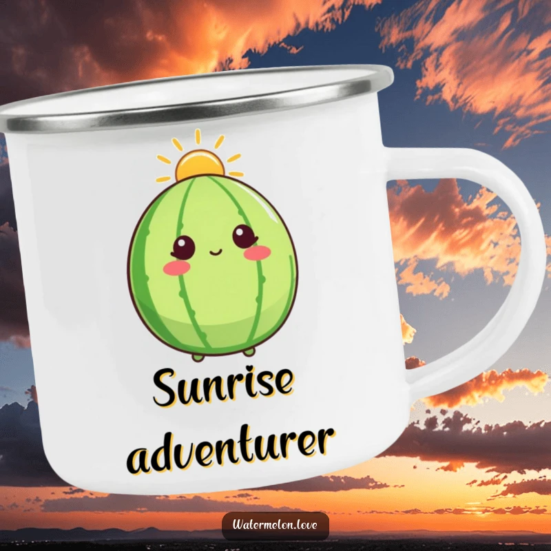 Funny camping mug with a watermelon character wearing a sunshine halo and looking up, perfect for outdoor enthusiasts seeking positivity.